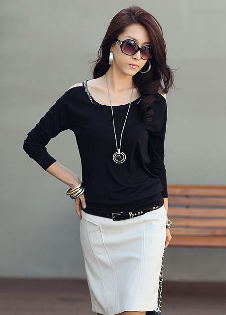 Korean Skinny Long Sleeve Rivets Cotton T-shirt - Black