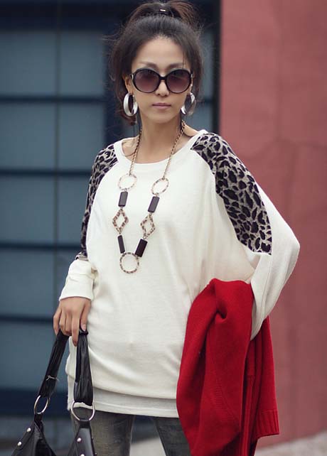Korean Casual Batwing Long Sleeve Leopard Block Loose Cotton T-shirt - White