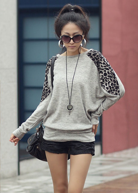 Korean Casual Batwing Long Sleeve Leopard Block Loose Cotton T-shirt - Grey