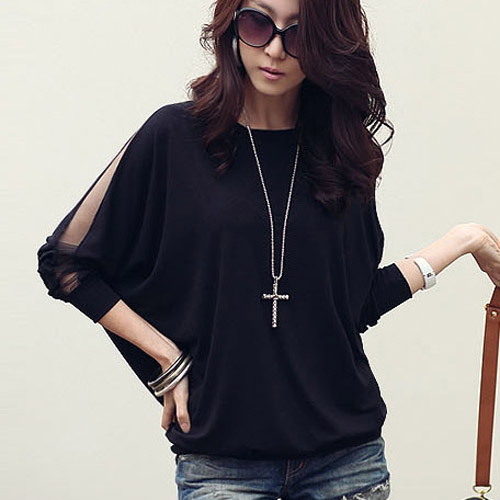 Brief Style Fashion Round Collar Loose Top Shirt For Women - Black