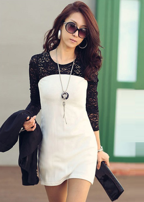 Chic Black Lace Patchwork High Waist Dress for Lady