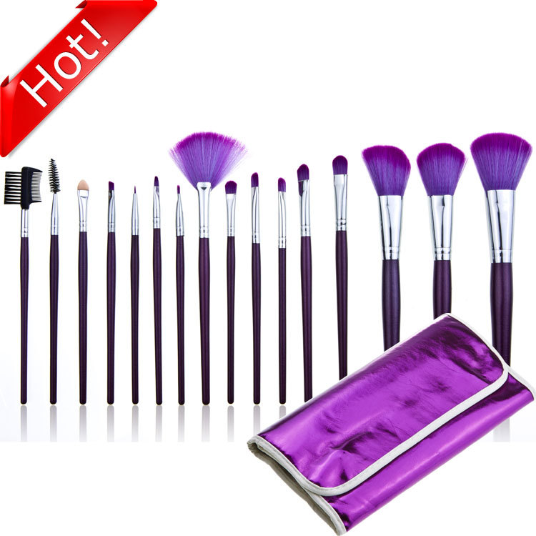 Good Quality 16pcs Professional Cosmetic Makeup Brushes Set With Leather Bag - Purple