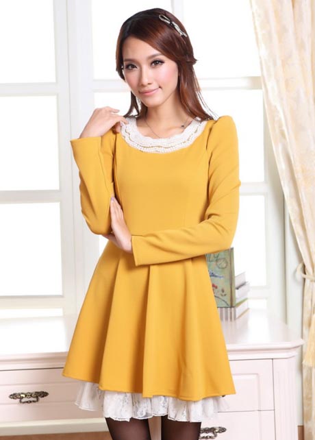 Adorable Puff Sleeve Lace Patchwork A Line Dress - Yellow