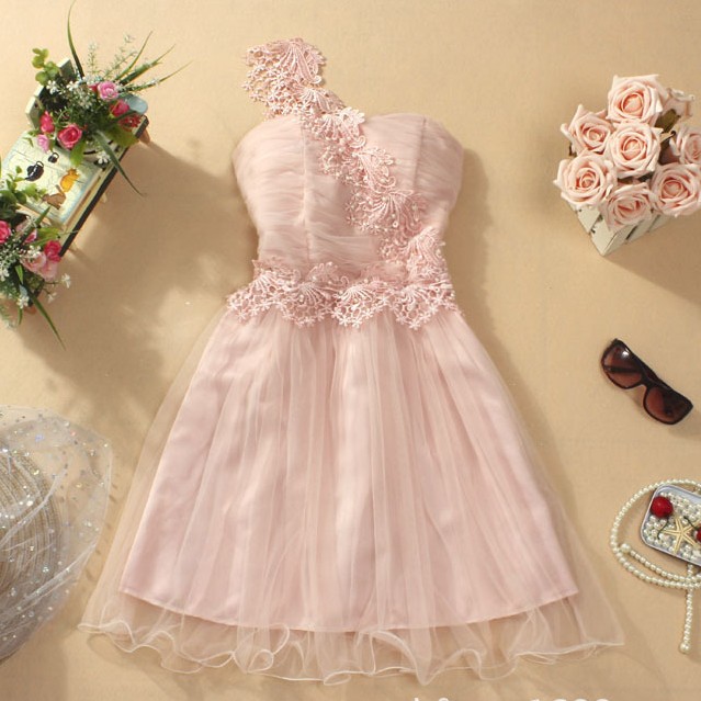 Fashion New Cute One Shoulder Strapless Dress - Pink 