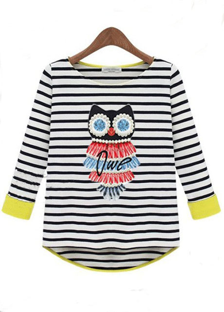Cute Owl Print Striped High Low Hem T Shirt - Black