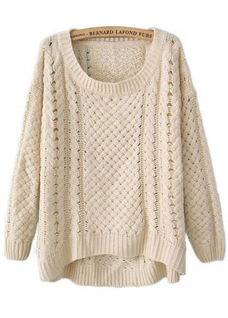 Comfy Round Neck Long Sleeve High Low Hem Sweater - Beige