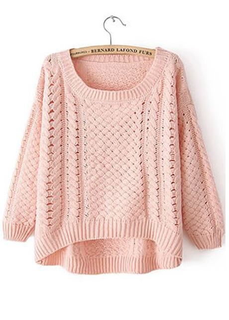 Comfy Round Neck Long Sleeve High Low Hem Sweater - Pink