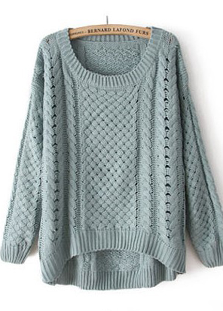 Comfy Round Neck Long Sleeve High Low Hem Sweater - Green