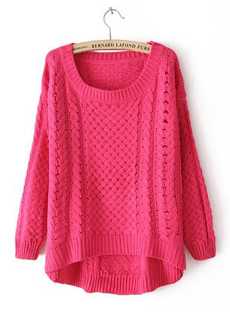 Comfy Round Neck Long Sleeve High Low Hem Sweater - Rose