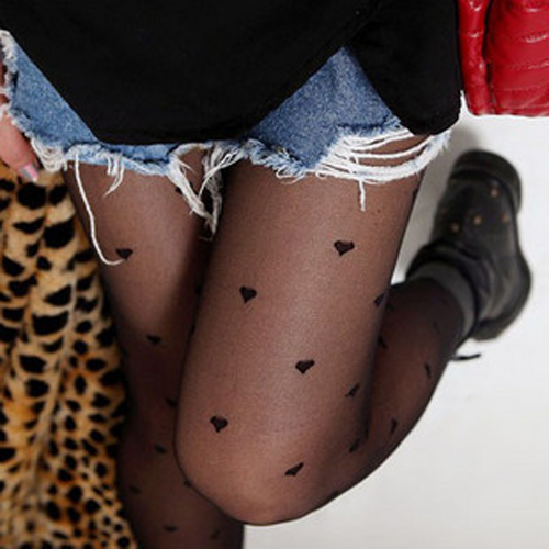 Fashion Heart Print Stockings For Women - Black