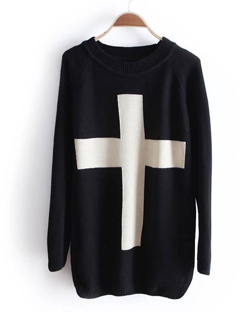 Fashion Cross Pullover Long Sleeve Sweater - Black