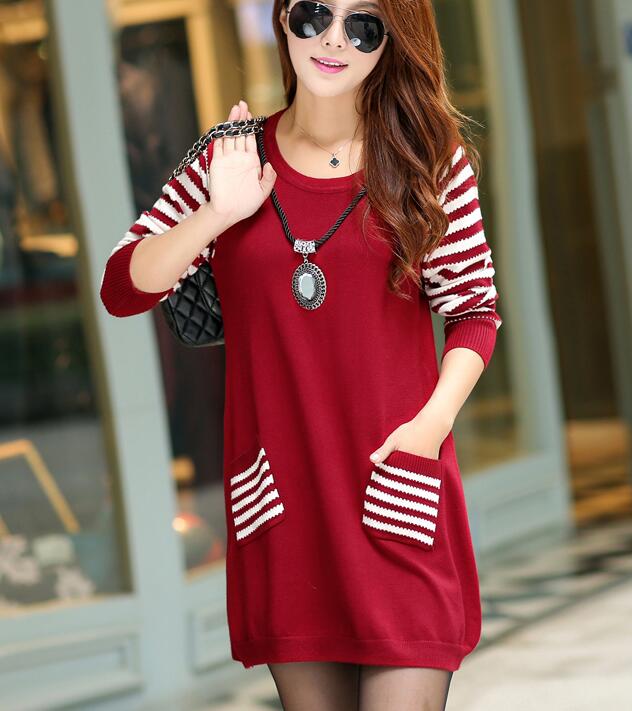 Round Neck Long Sleeve Loose Sweater For Women - Wine Red