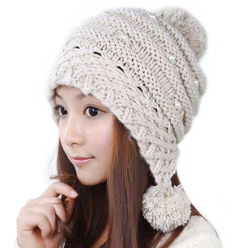 Lovely Female Winter Hat Knit Wool Cap - Beige