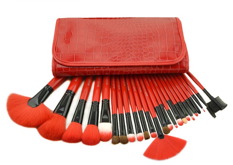Fashion New 24 Pcs/Set Makeup Brushes Set In High Quality Crocodile Leather Case - Red