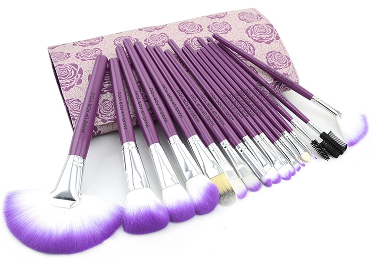 Cute Floral 18pcs Professional Makeup Brushes Set In High Quality Leather Case - Purple