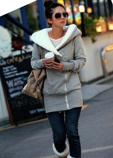 Korean Corduroy Neck Long Sleeve Zipper Cotton Hoodies - Grey
