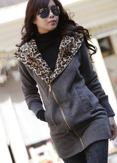 Comfortable Zip Closure Leopard Inside Cotton Hooded Coat - Dark Grey