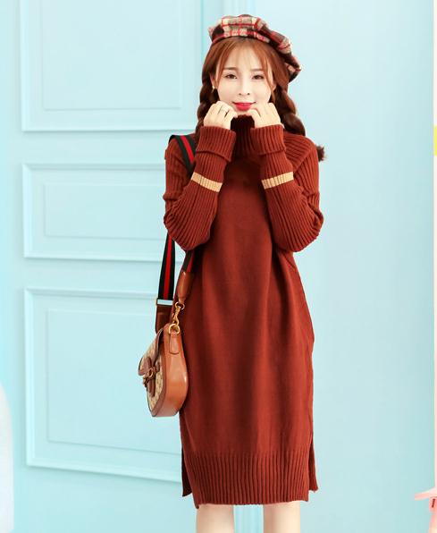 Fashion Long Sleeve Long Pattern Purplish Wine Red Sweater Dress