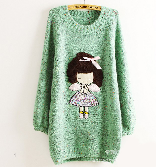 Cute Little Girl Pattern Loose Round Neck Batwing Sleeve Sweater - Green