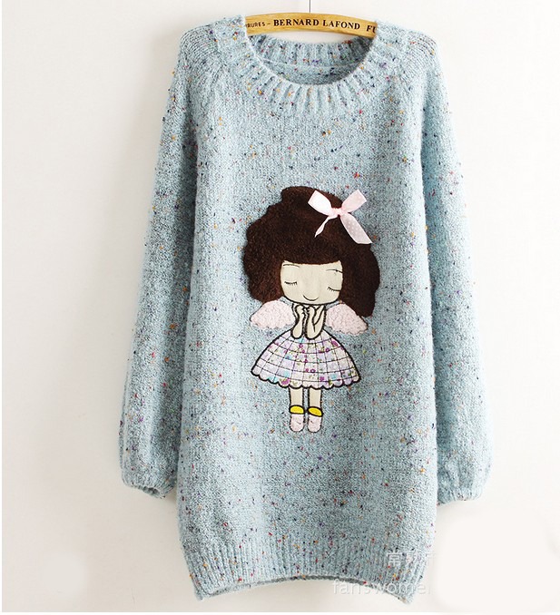 Cute Little Girl Pattern Loose Round Neck Batwing Sleeve Sweater - Blue