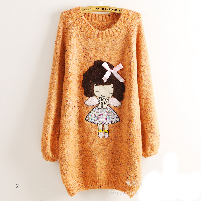 Cute Little Girl Pattern Loose Round Neck Batwing Sleeve Sweater - Orange