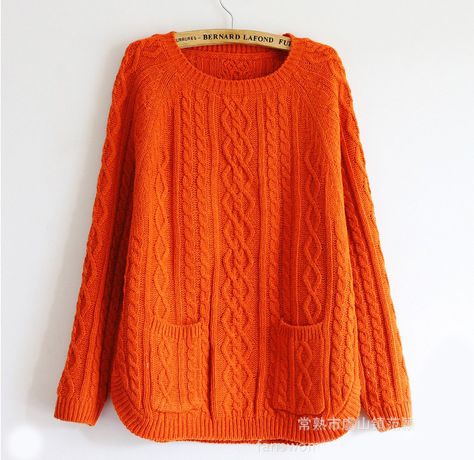 Retro Batwing Sleeve Sweater With Pockets - Orange