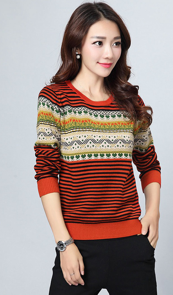 Stripe Pattern Print Round Neck Woman Pullovers - Red