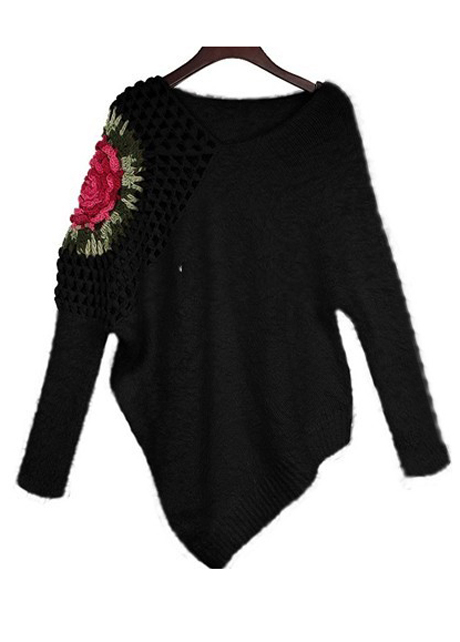 Fashion V Neck Rose Flower Print Pullovers - Black