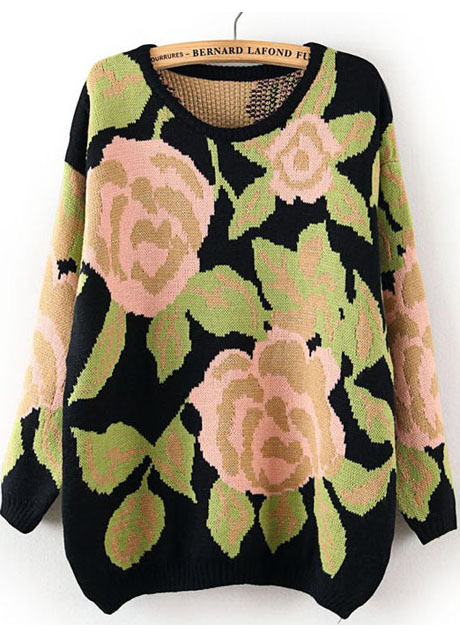 Pastel Big Flowers Print Jumper Sweater For Woman
