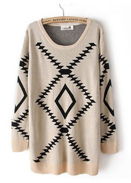 Fitted Comfy Geometry Pattern Knitting Wool Pullovers - Beige