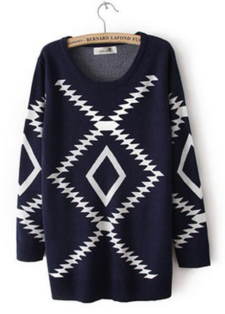 Fitted Comfy Geometry Pattern Knitting Wool Pullovers - Navy Blue