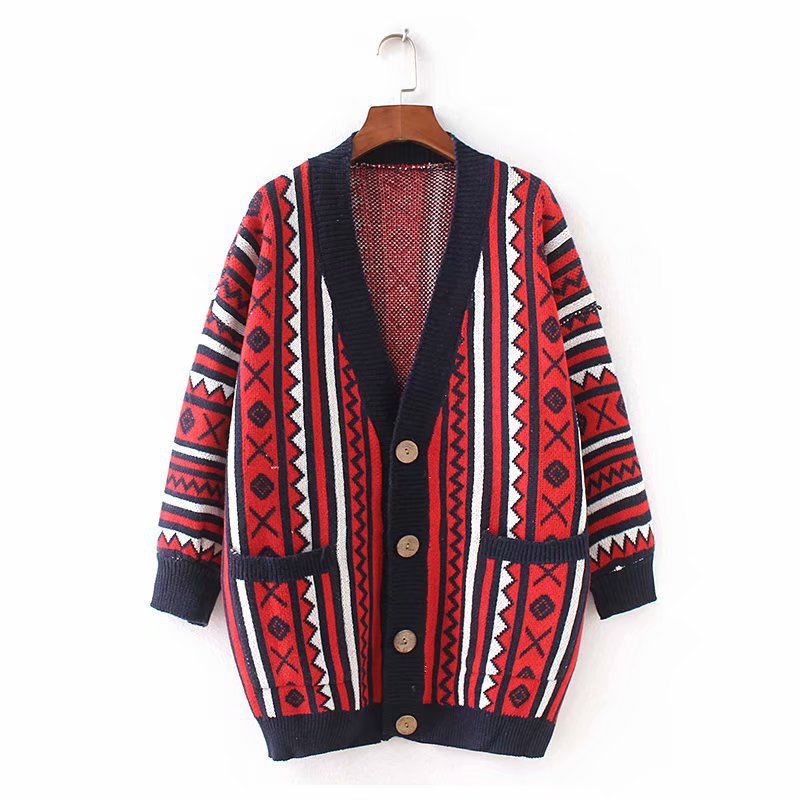 Ethnic Style Multicolor Argyle Cardigans Sweater For Girls/women - Red