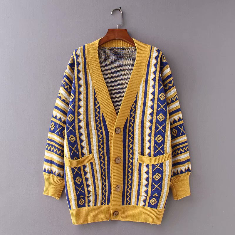 Ethnic Style Multicolor Argyle Cardigans Sweater For Girls/women - Yellow