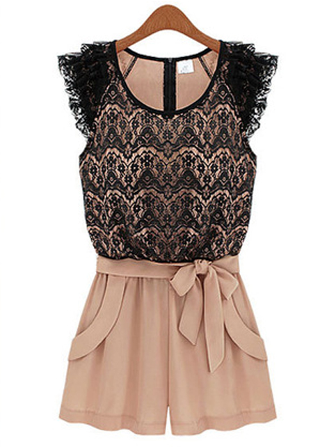 Hot Sale Black Patchwork Pink Lace Pattern Rompers