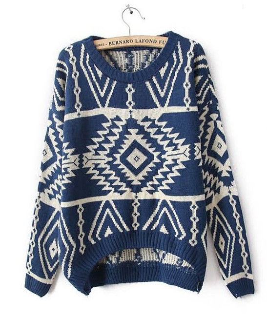 Geometry Pattern Knitting Wool Pullovers - Dark Blue