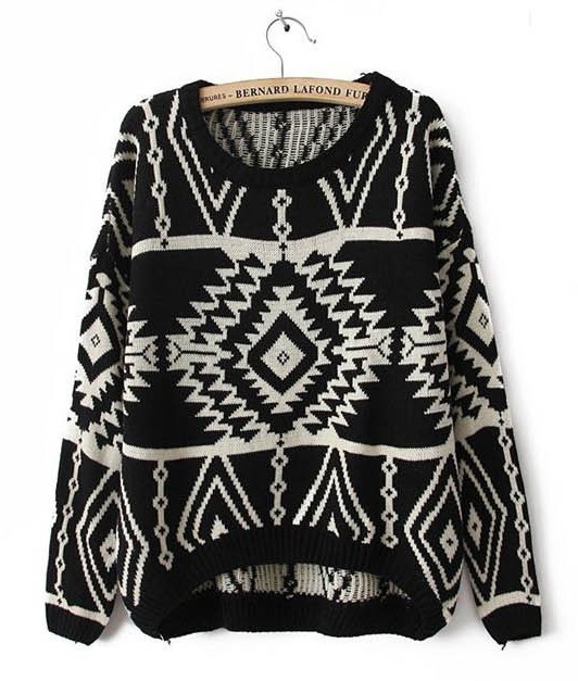 Geometry Pattern Knitting Wool Pullovers - Black