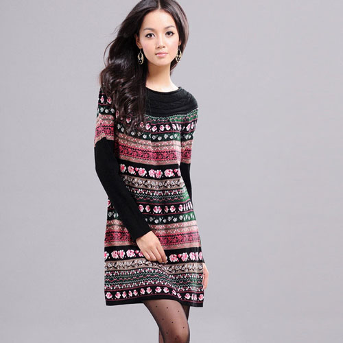 Women's Stylish Scoop Neck Floral Stripe Print Long Sweater Dress