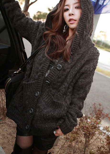 Winter Hooded Collar Long Sleeve Cable Sweater - Dark Grey