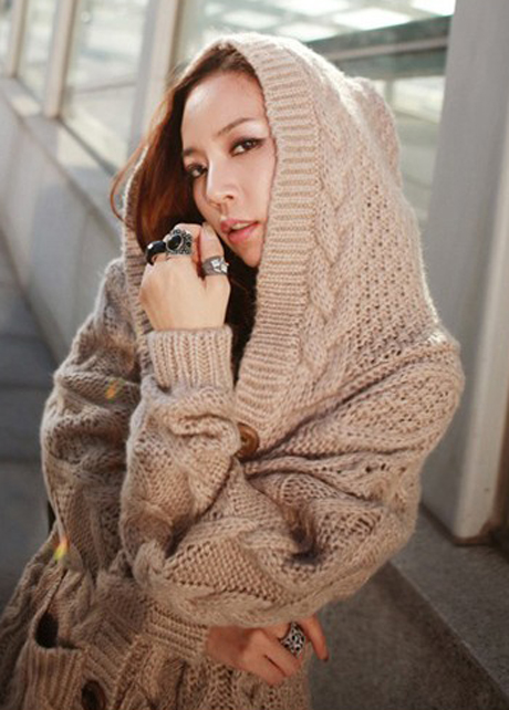Winter Hooded Collar Long Sleeve Cable Sweater - Khaki