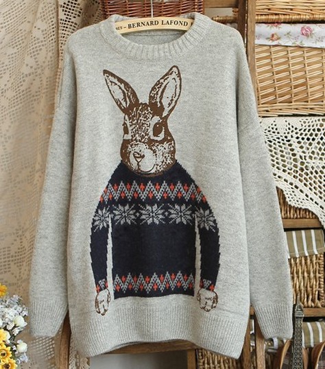 Girls Sweet Rabbit Print Long Sleeve Pullovers - Grey