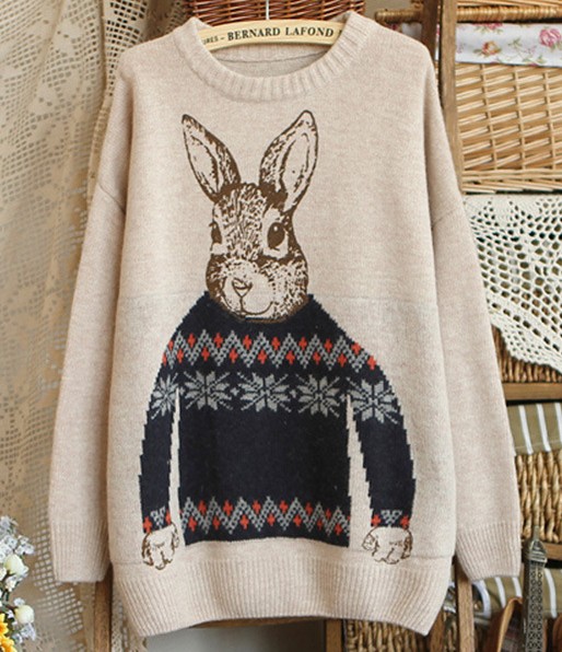Girls Sweet Rabbit Print Long Sleeve Pullovers - Khaki on Luulla