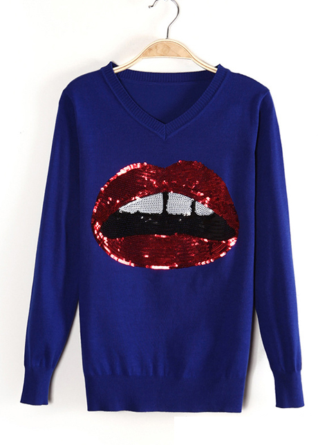Lip Design Sequin Decoration V Neck Sweaters - Blue