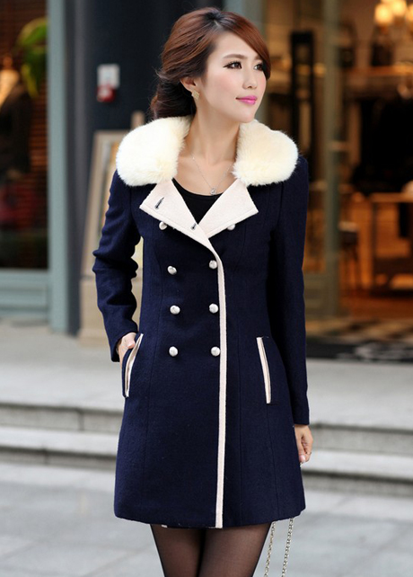Fashion Cashmere Long Coat For Woman - Navy Blue