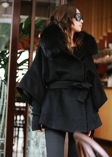 Star Style Fur Collar Black Button Fly Coat For Woman