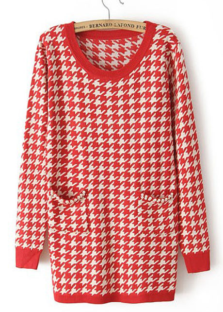 Simple Plaid Round Neck Pullovers With Pockets - Red