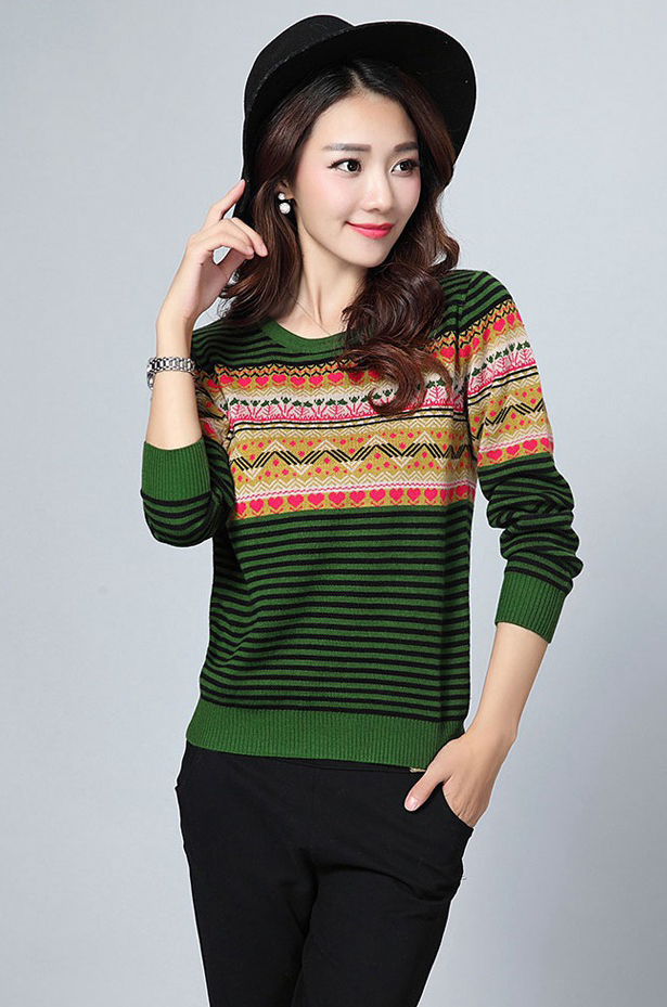 Stripe Pattern Print Round Neck Woman Pullovers - Green