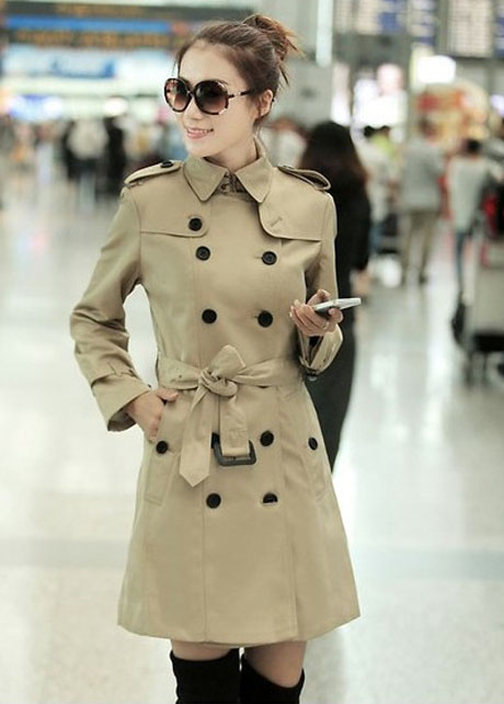 Work Style Double Breasted Trench Coat With Belt - Khaki