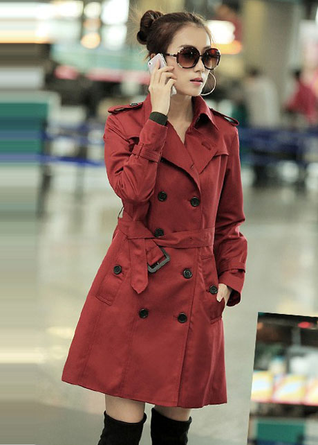 Work Style Double Breasted Trench Coat With Belt - Wine Red