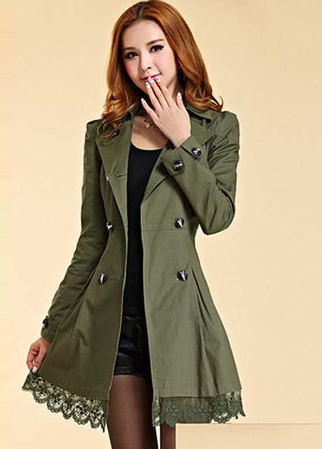 New Lace Decoration Double Breasted Trench Coat - Army Green on Luulla