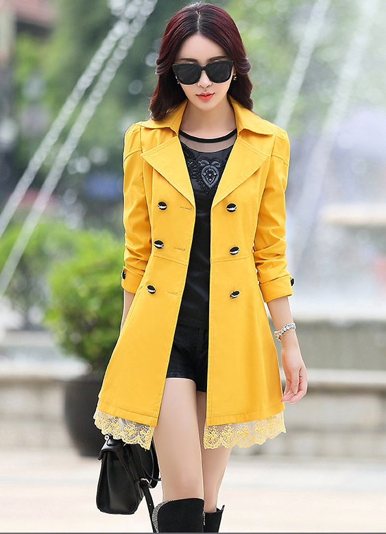 New Lace Decoration Double Breasted Trench Coat - Yellow